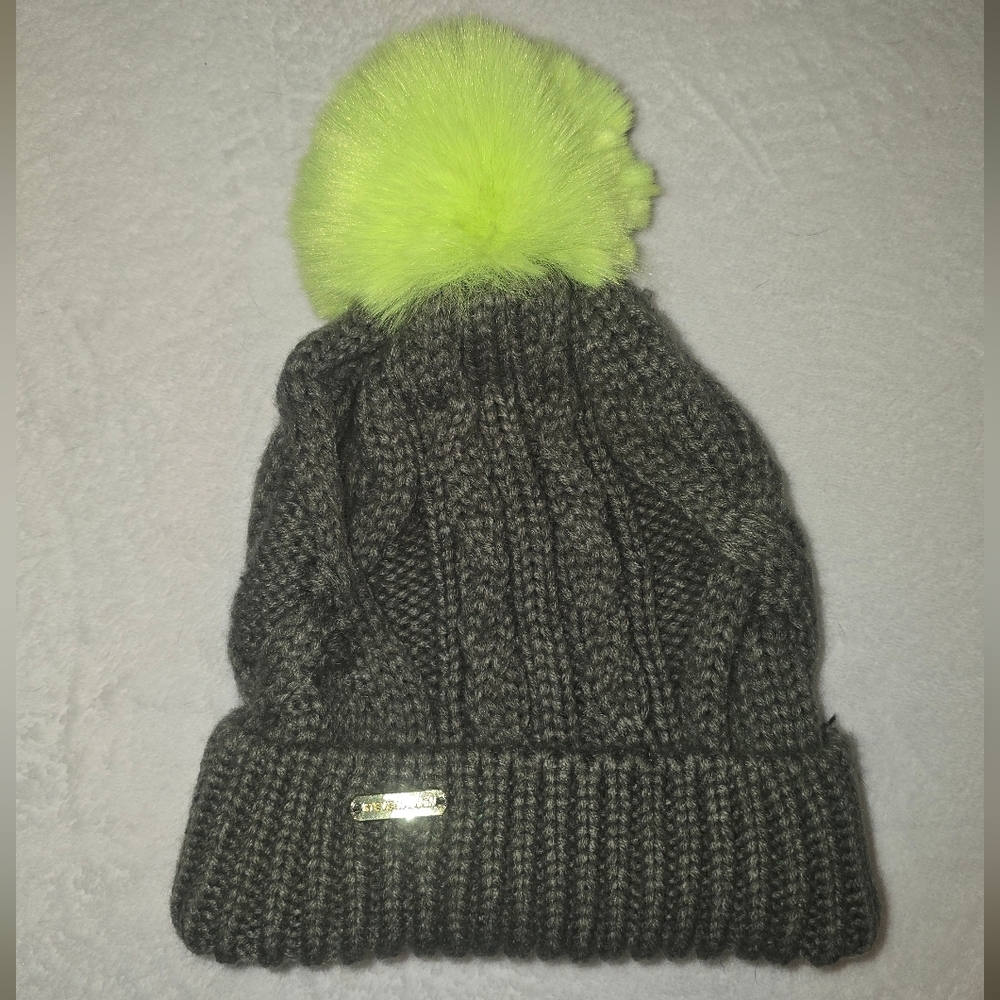 Steve Madden Charcoal Olive Beanie with Bright Lime Pom